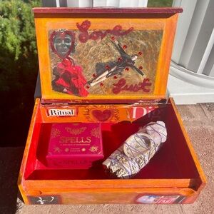 Upcycled Wooden Mixed Media Letter/ Stash Decorative Box with Spell Cards & Sage